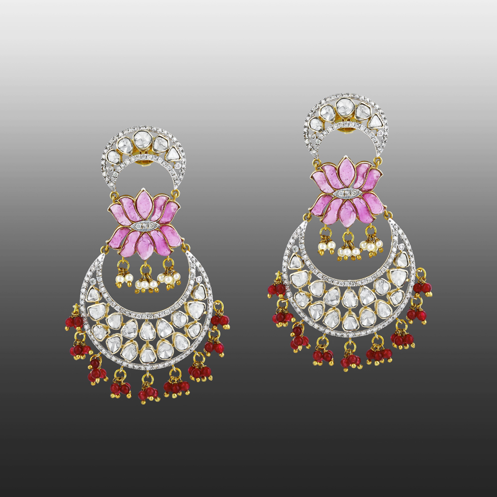 Lotus Polki Earrings with Pink Talaf, Red Drops, and Lotus Design